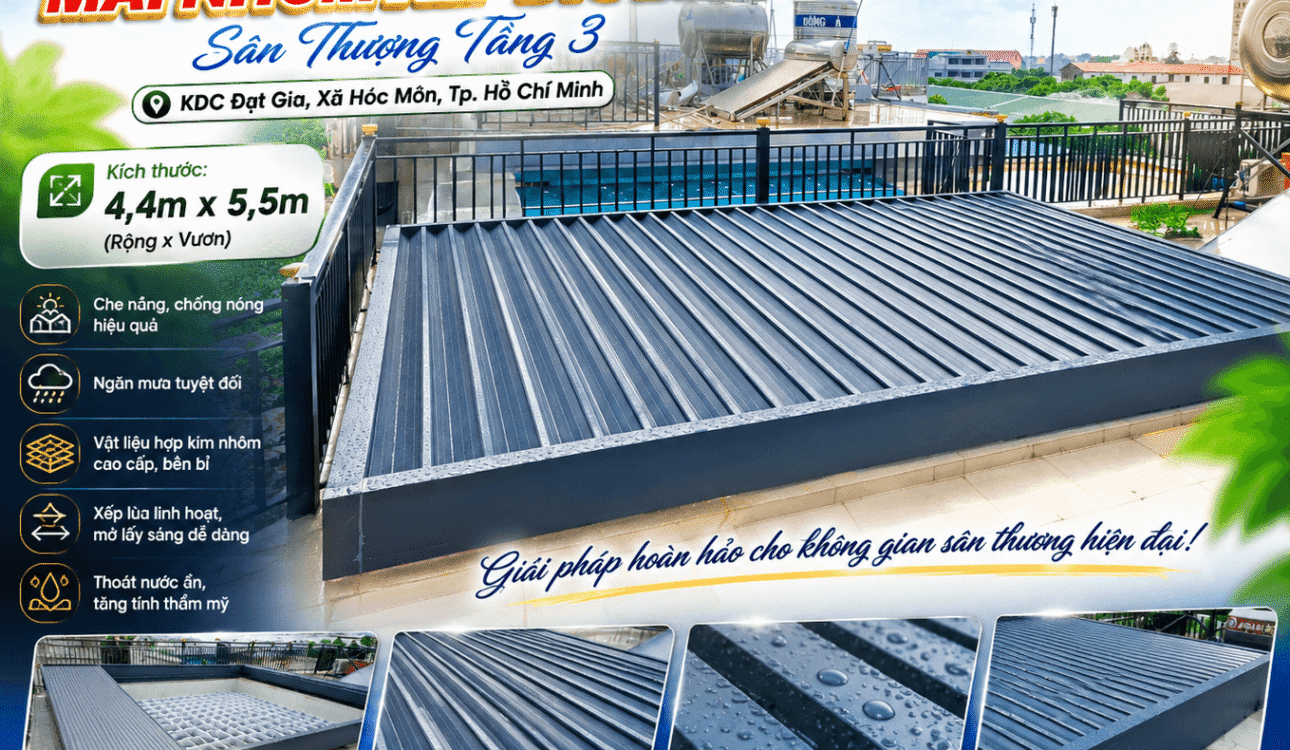 Mái nhôm xếp lùa tự động che ô lấy sáng sân thượng KDC Đạt Gia Hóc Môn