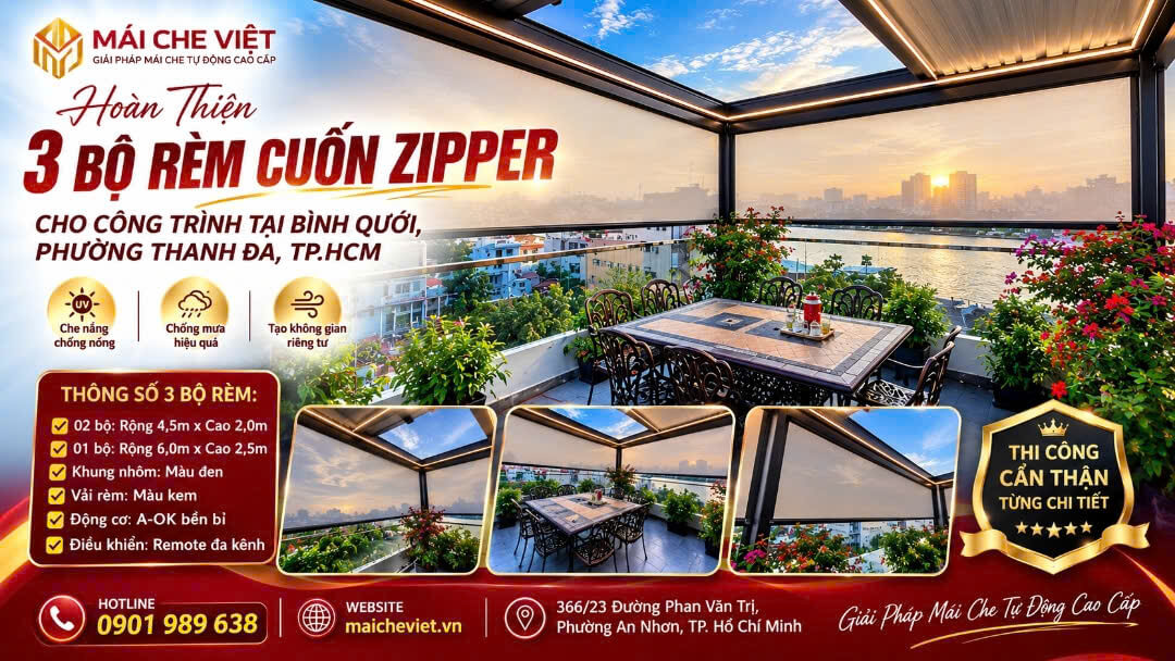 Mái Nhôm Xếp Lùa kết hợp Rèm Zipper sân thượng Bình Quới